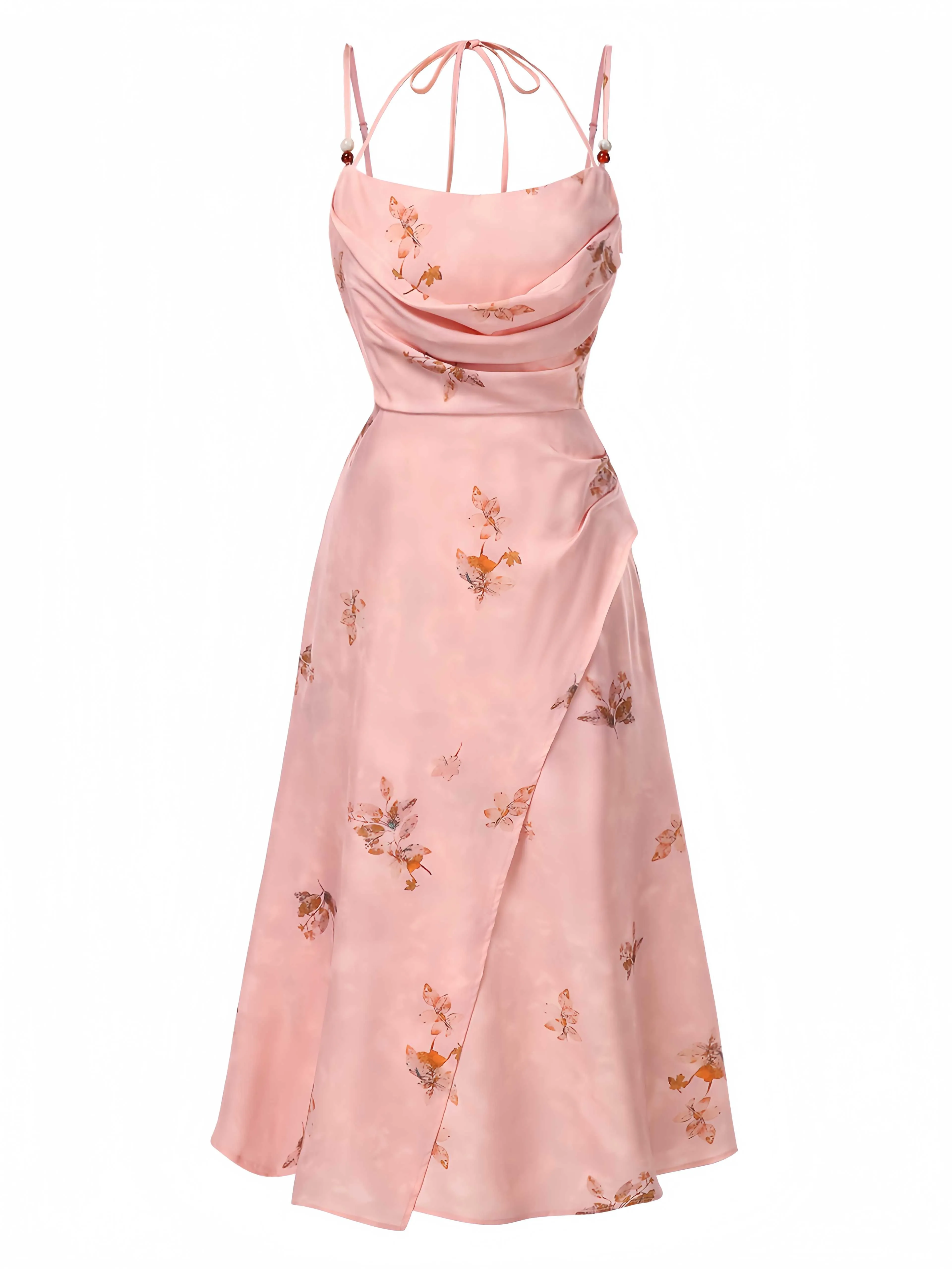 Pink 1930s Halter Strap Floral Satin Dress sold by Retro Stage