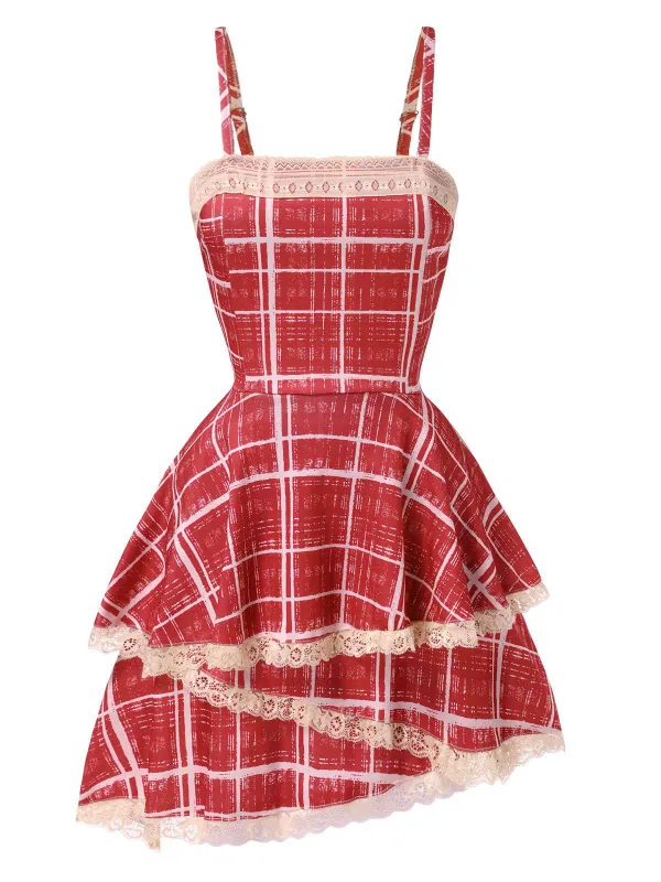 Red 1960s Irregular Layered Hem Plaid Suspender Dress sold by Retro Stage