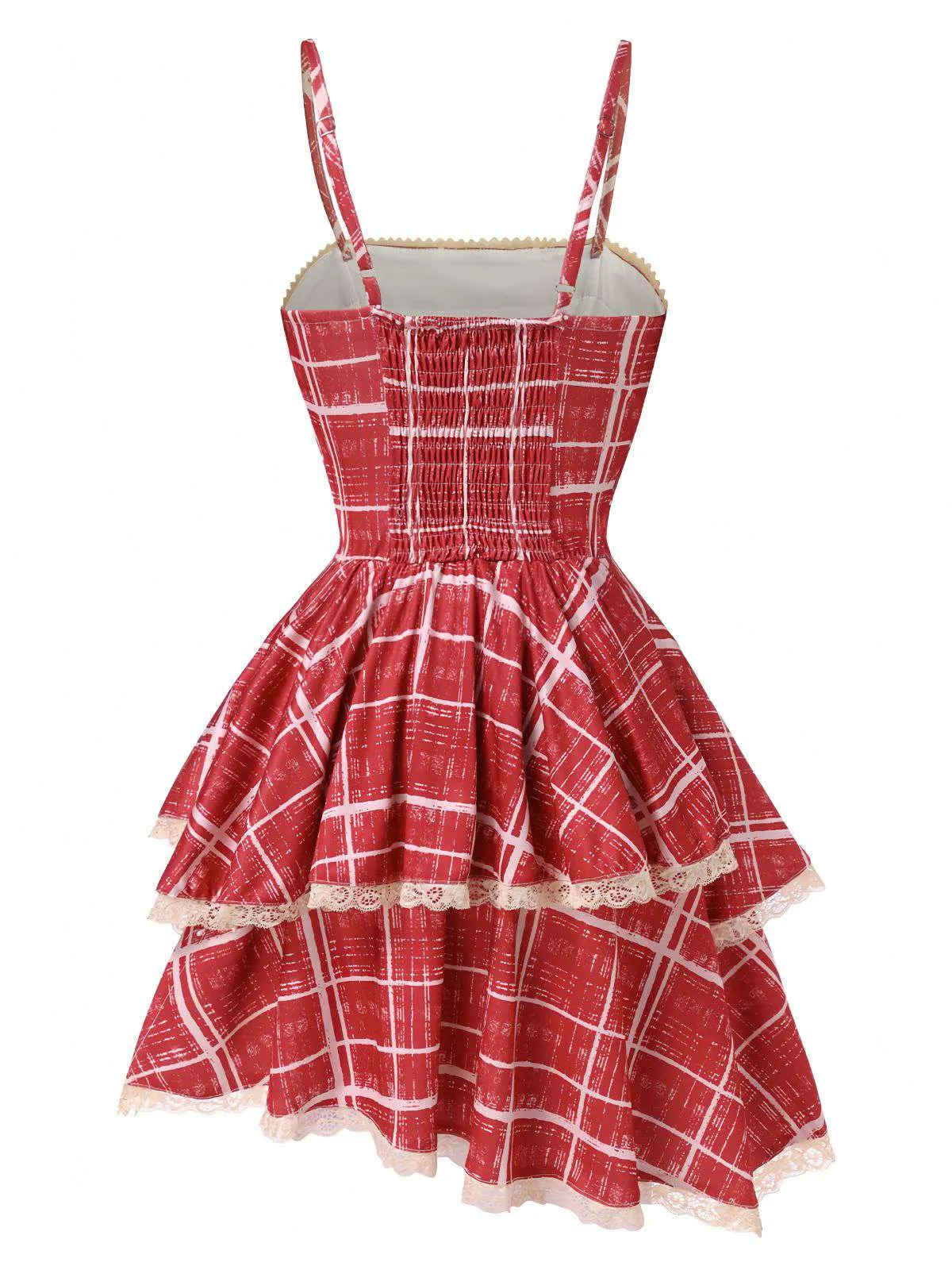 Red 1960s Irregular Layered Hem Plaid Suspender Dress sold by Retro Stage product image thumbnail 2