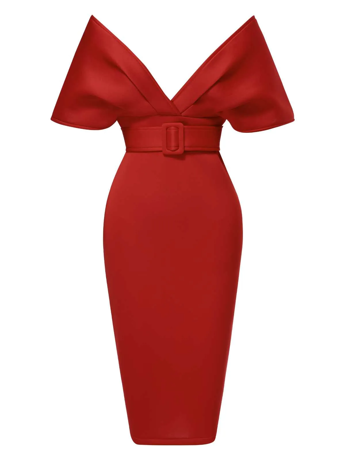 1960s Off-Shoulder Belted Solid Bodycon Dress sold by Retro Stage