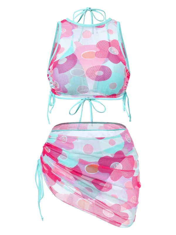 2PCS 1950s Blue Solid Swimsuit & Pink Floral Cover-Up sold by Retro Stage