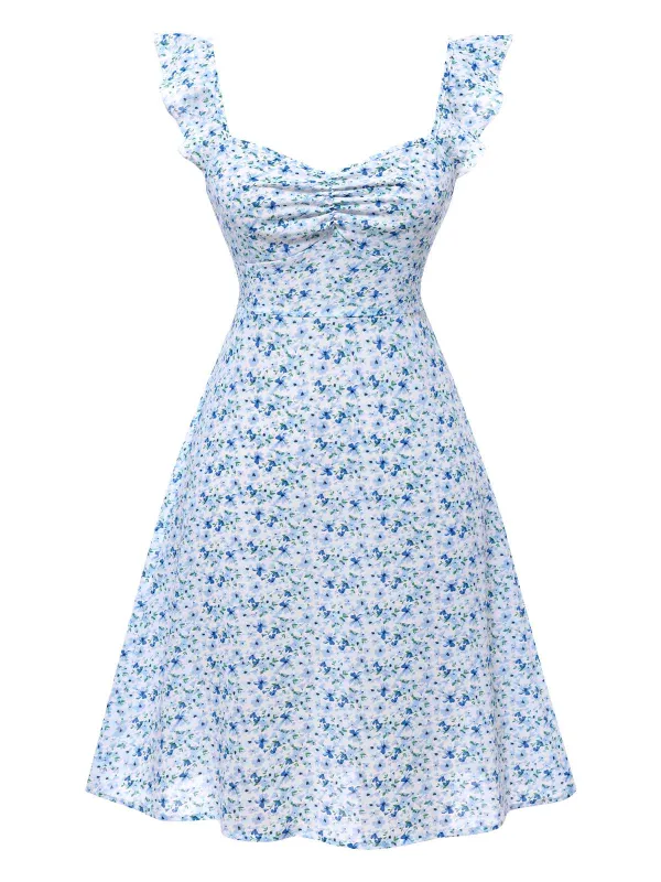 Light Blue 1950s Ruffles Strap Ditsy Floral Dress sold by Retro Stage