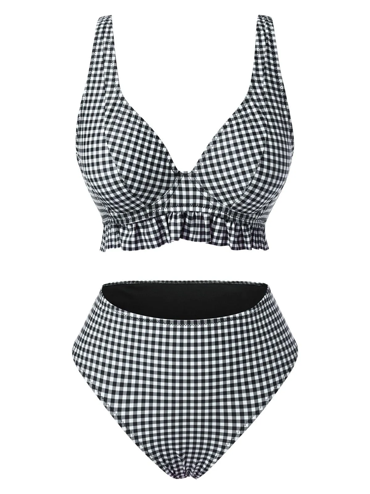 Black 1950s Plaid Deep V-Neck Ruffled Bikini Set sold by Retro Stage