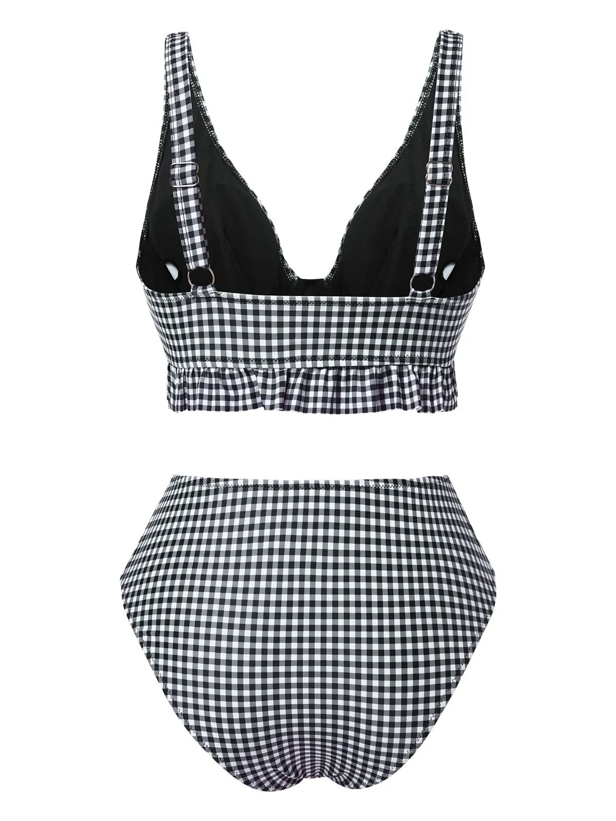Black 1950s Plaid Deep V-Neck Ruffled Bikini Set sold by Retro Stage product image thumbnail 2