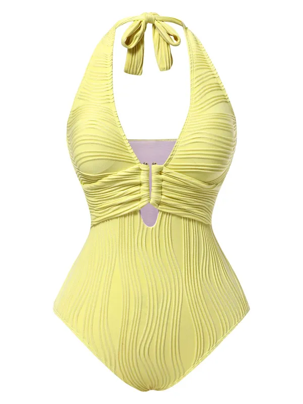 1950s Halter Hollow U-Ring Textured Swimsuit sold by Retro Stage