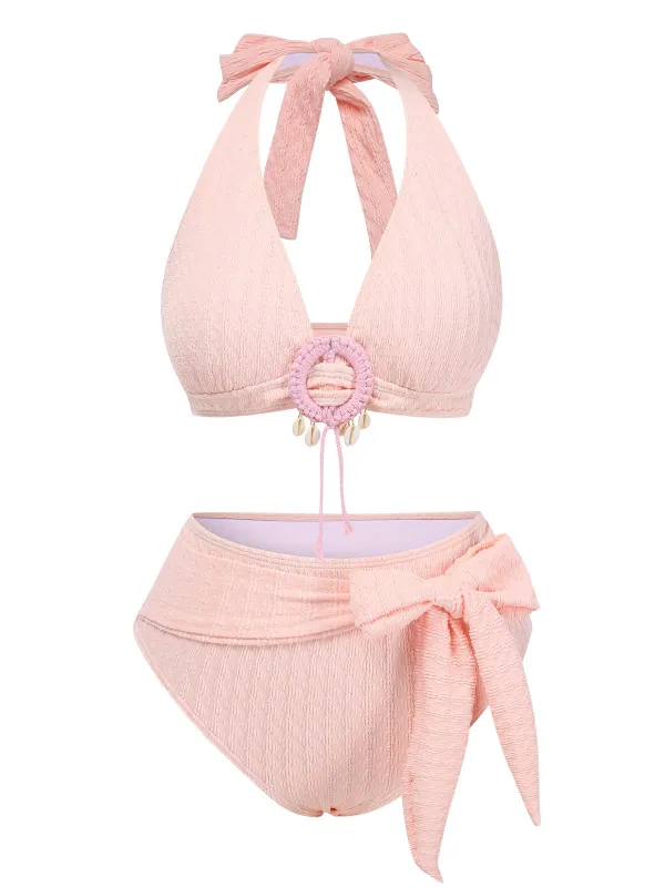 1950s Deep V-Neck Textured Seashell Halter Swimsuit sold by Retro Stage