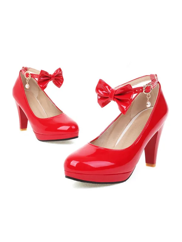 Solid Leather Bowknot Buckle Strap Chunky Heels sold by Retro Stage