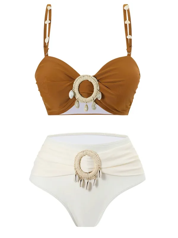 Brown 1940s Colorblock Boho Seashell Bikini Set sold by Retro Stage