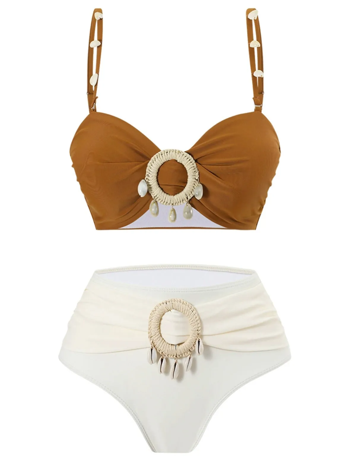 Brown 1940s Colorblock Boho Seashell Bikini Set sold by Retro Stage