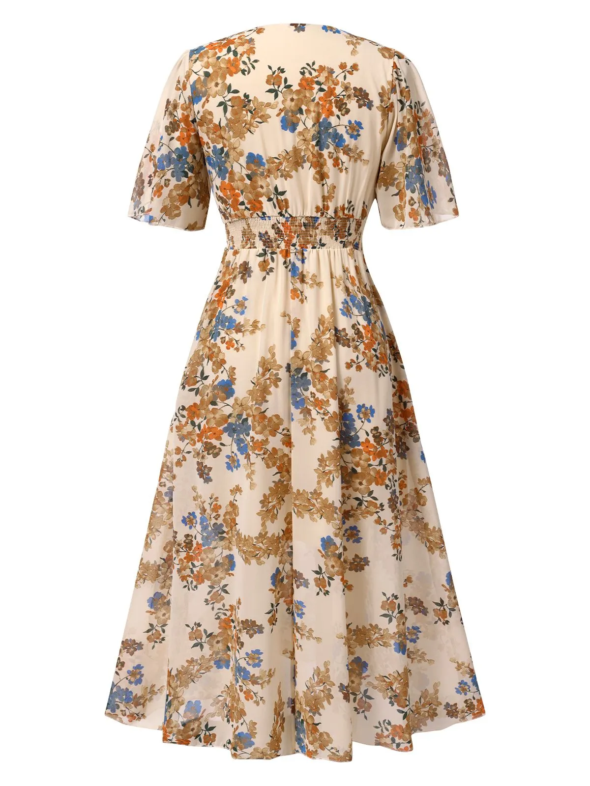 Beige 1930s V-Neck Floral Elastic Waist Dress sold by Retro Stage product image thumbnail 3