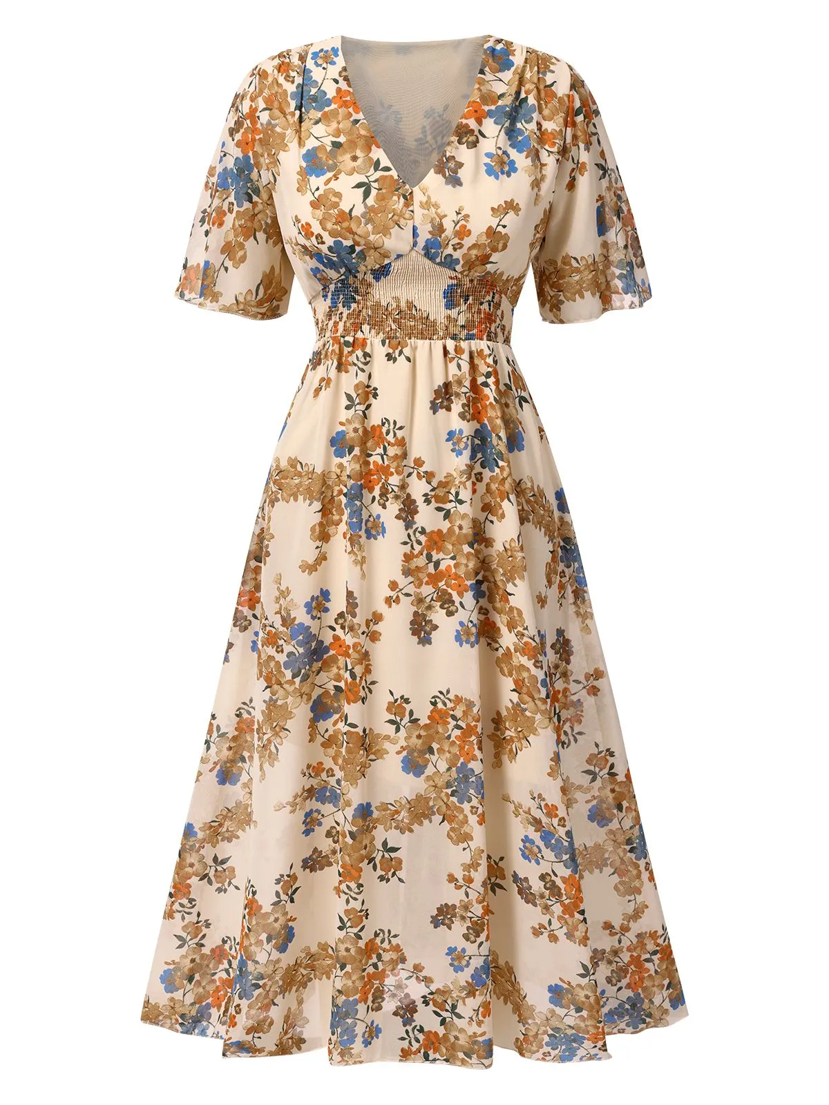 Beige 1930s V-Neck Floral Elastic Waist Dress sold by Retro Stage product image thumbnail 2