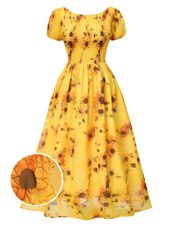Yellow 1970s Scoop Midi A-line Sunflower Dress sold by Retro Stage