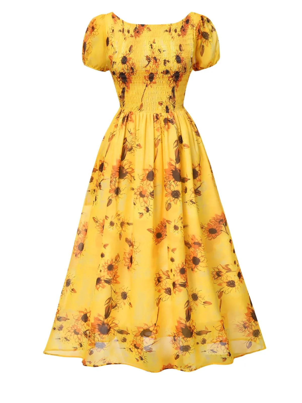 Yellow 1970s Scoop Midi A-line Sunflower Dress sold by Retro Stage product image thumbnail 2