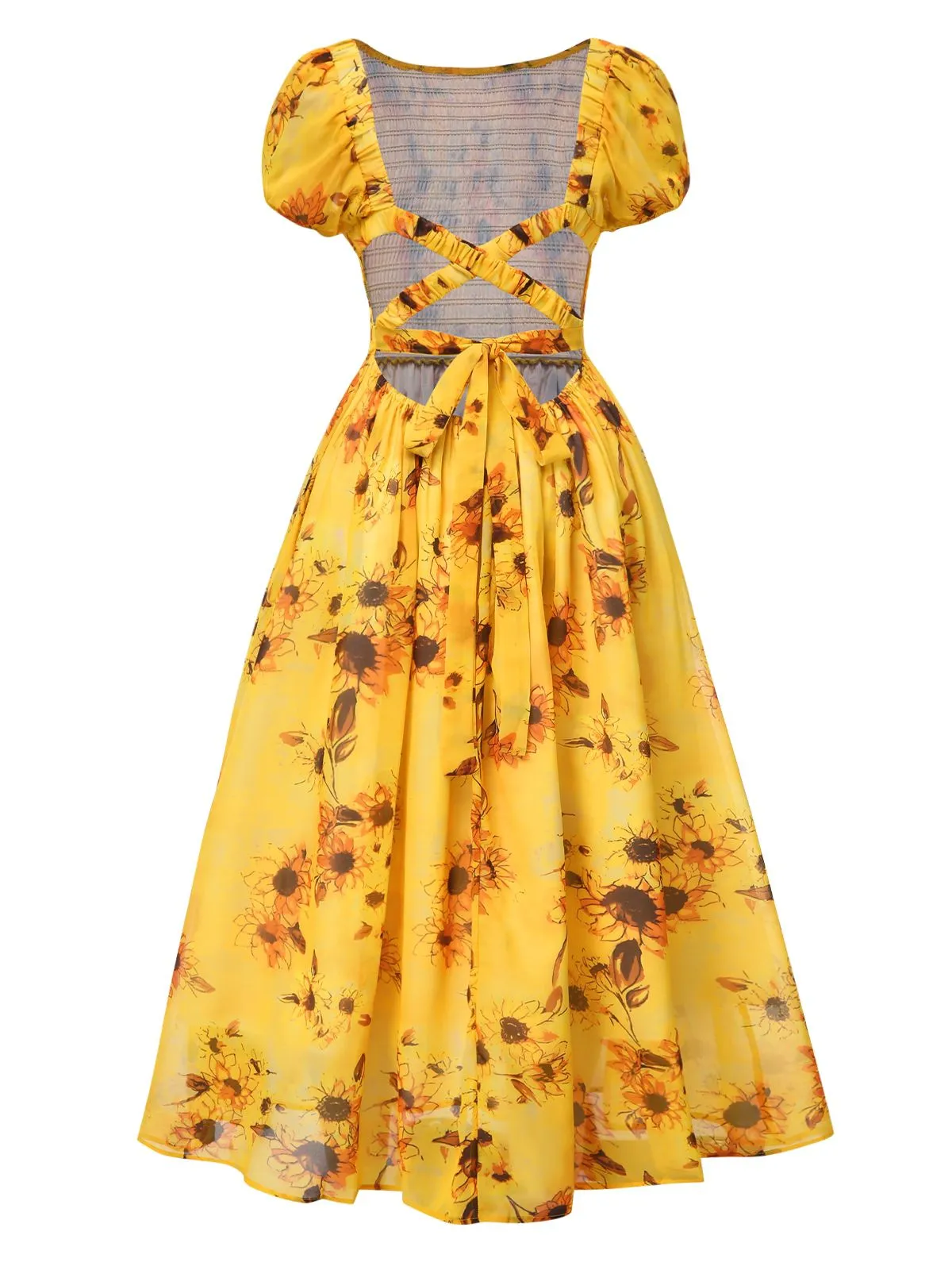 Yellow 1970s Scoop Midi A-line Sunflower Dress sold by Retro Stage product image thumbnail 3
