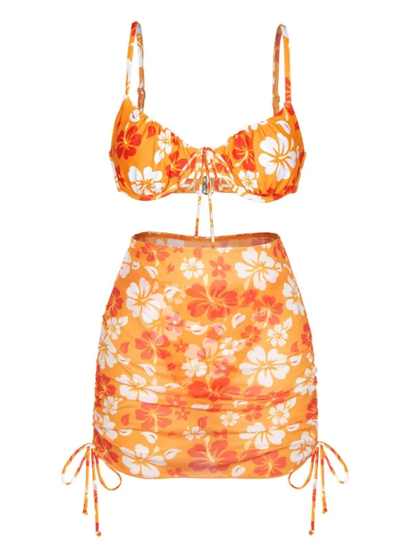 Orange 1950s Silhouette Floral Straps Skirt Bikini sold by Retro Stage