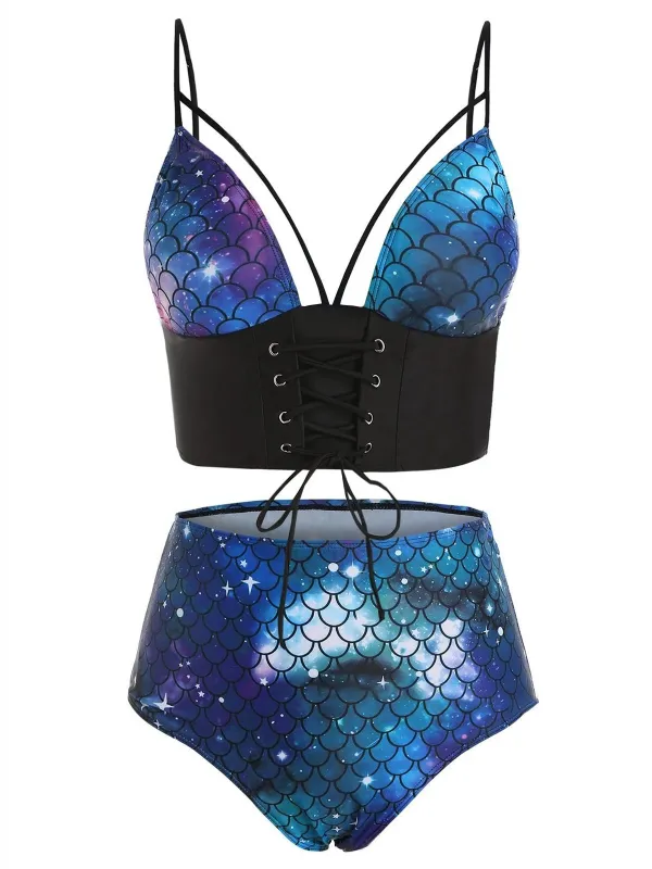 Deep Blue 1980s Gothic Starry Sky Fish Scale Swimsuit sold by Retro Stage