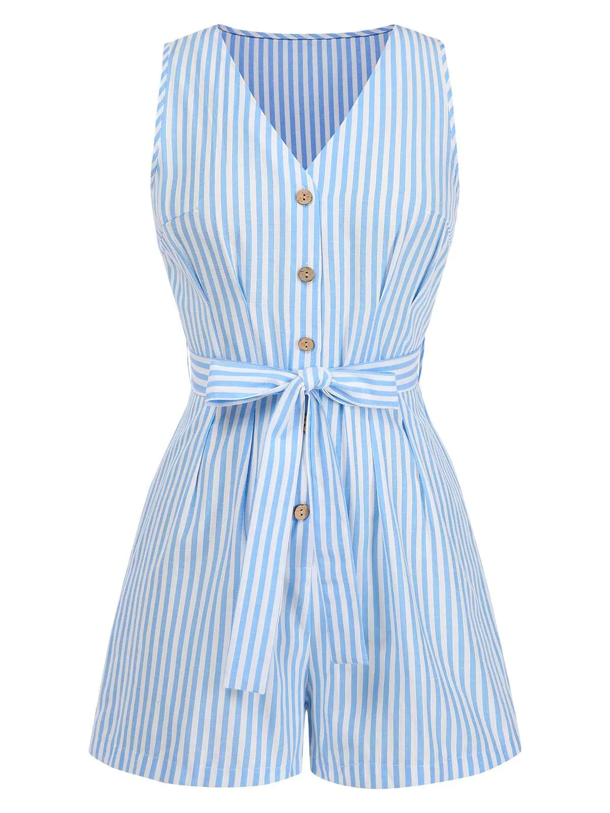 1950s V-Neck Stripes Sleeveless Belted Romper sold by Retro Stage
