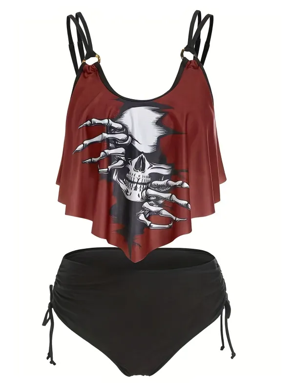 1980s Gothic Skull Bow Ruffle Swimsuit sold by Retro Stage