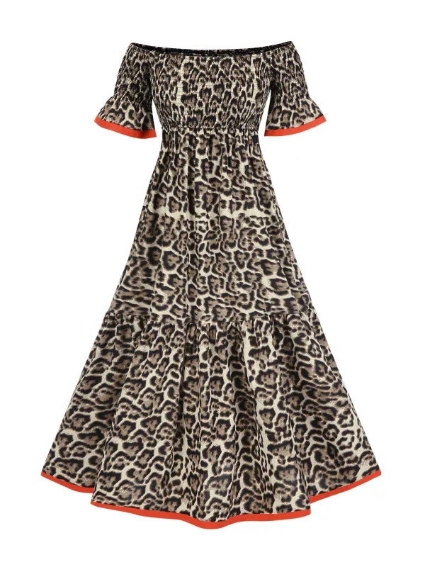 1970s Off-Shoulder Flare Sleeve Leopard Dress sold by Retro Stage