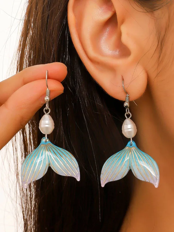 Pearl Mermaid Tail Seashell Dangle Earrings sold by Retro Stage