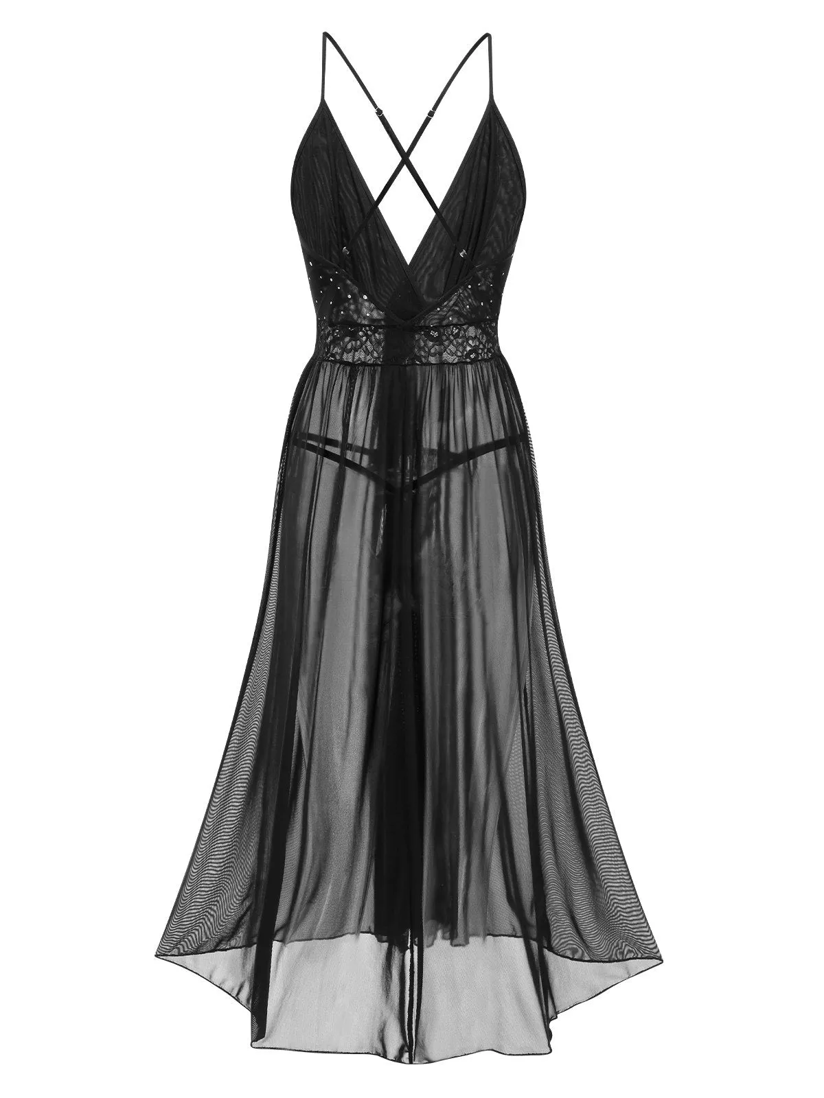 Black 1940s Sparkling Mesh Back Cross Straps Nightgown sold by Retro Stage product image thumbnail 2