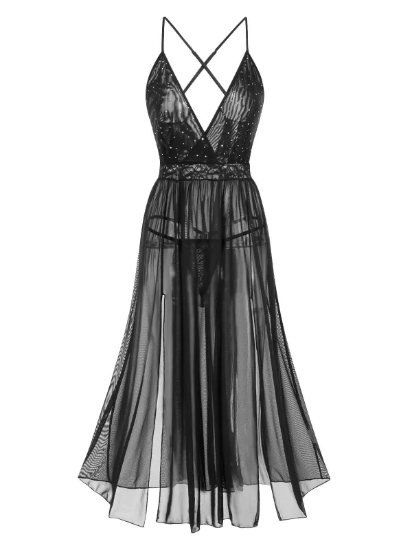 Black 1940s Sparkling Mesh Back Cross Straps Nightgown sold by Retro Stage