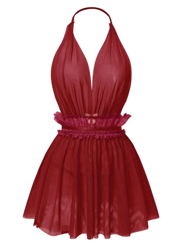 1950s Lace Mesh Deep V-Neck Halter Nightgown sold by Retro Stage