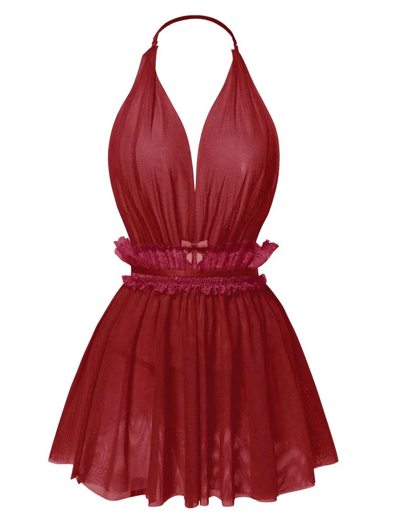 1950s Lace Mesh Deep V-Neck Halter Nightgown sold by Retro Stage