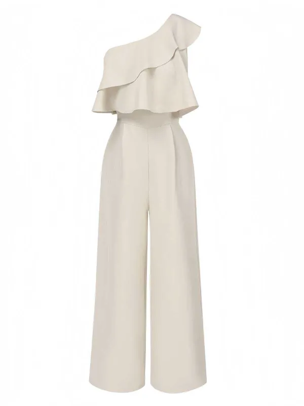 Beige 1970s One-Shoulder Tiered Ruffles Jumpsuit sold by Retro Stage