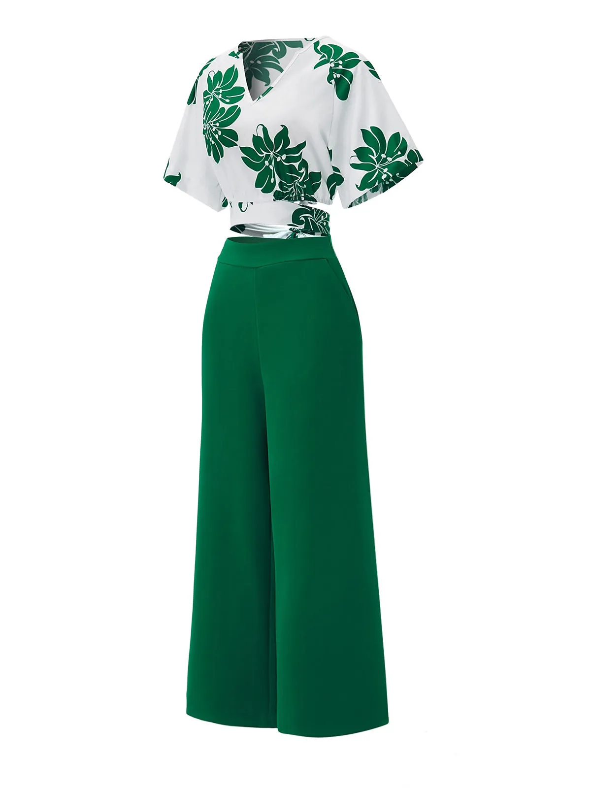 2PCS Green 1950s Floral Crop Top & High Waist Pants sold by Retro Stage product image thumbnail 2