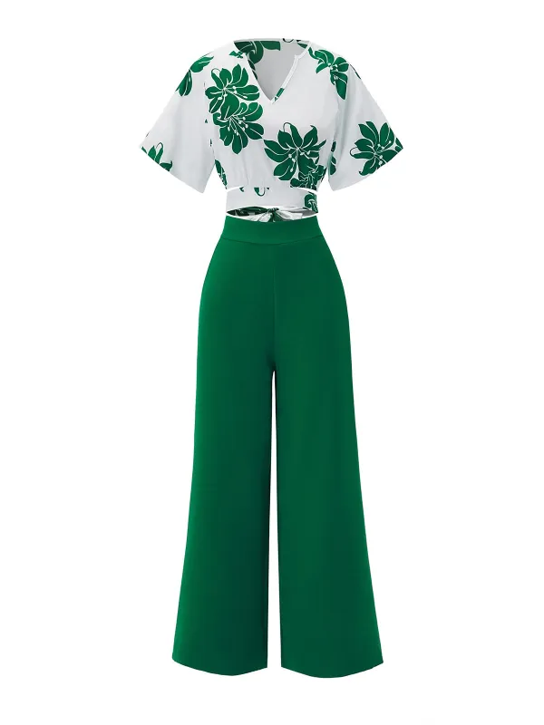 2PCS Green 1950s Floral Crop Top & High Waist Pants sold by Retro Stage