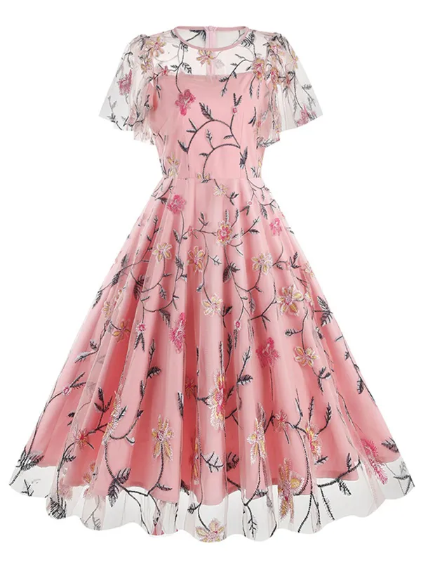 1950s Flower Embroidered Mesh Swing Dress made by Retro Stage