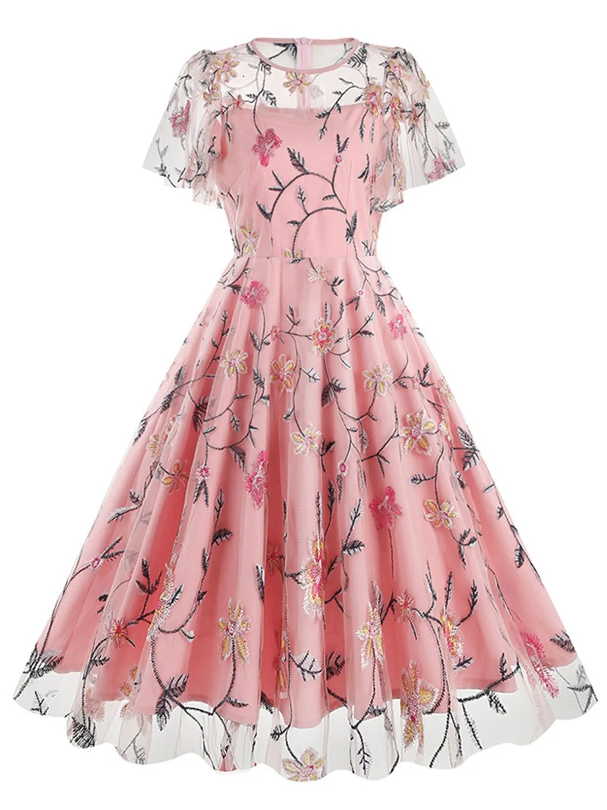 1950s Flower Embroidered Mesh Swing Dress sold by Retro Stage