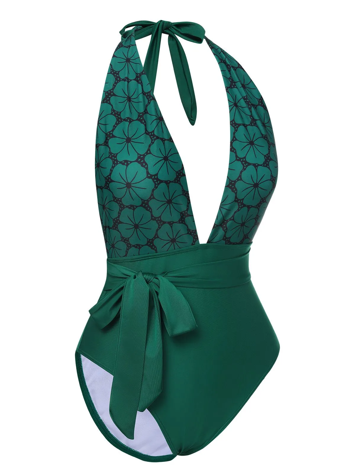 Green 1940s Floral Deep V-Neck Halter Swimsuit sold by Retro Stage product image thumbnail 2