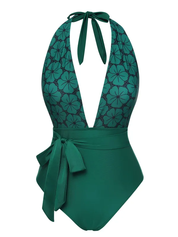 Green 1940s Floral Deep V-Neck Halter Swimsuit sold by Retro Stage