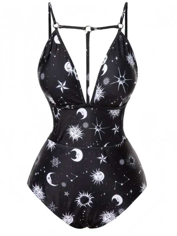 1980s Deep V-Neck Gothic Star Moon One-Piece Swimsuit sold by Retro Stage