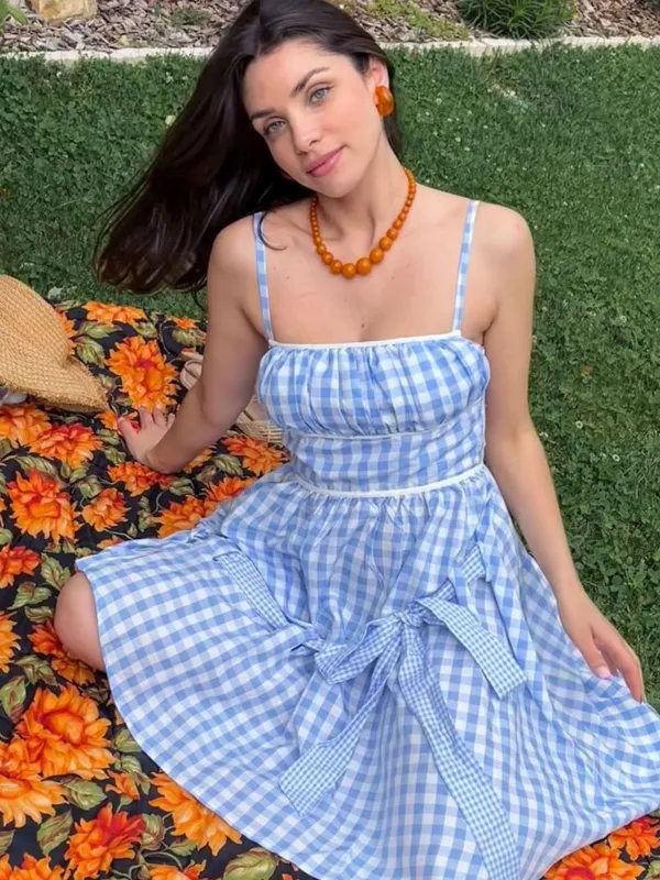 Blue 1950s Spaghetti Strap Plaids Bow Decor Dress sold by Retro Stage