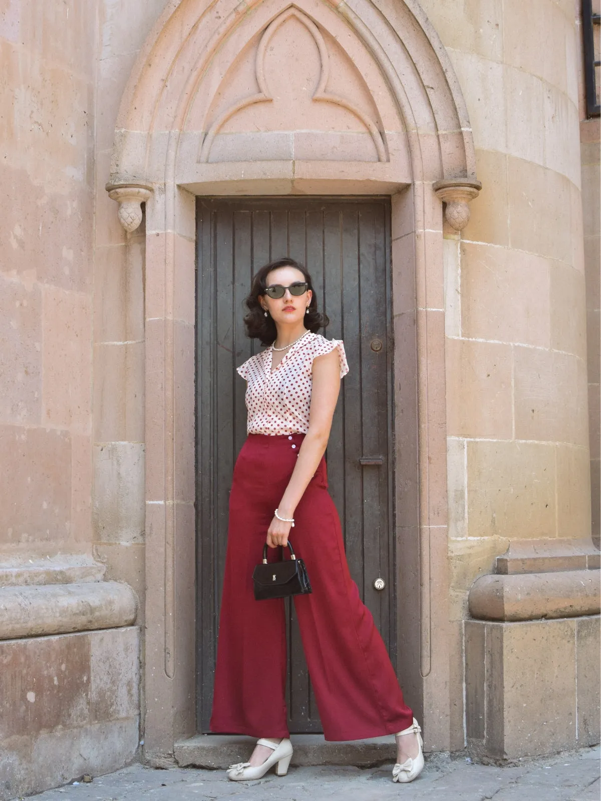 2PCS 1950s Red Polka Dot Blouse & Burgundy Pants sold by Retro Stage product image thumbnail 2