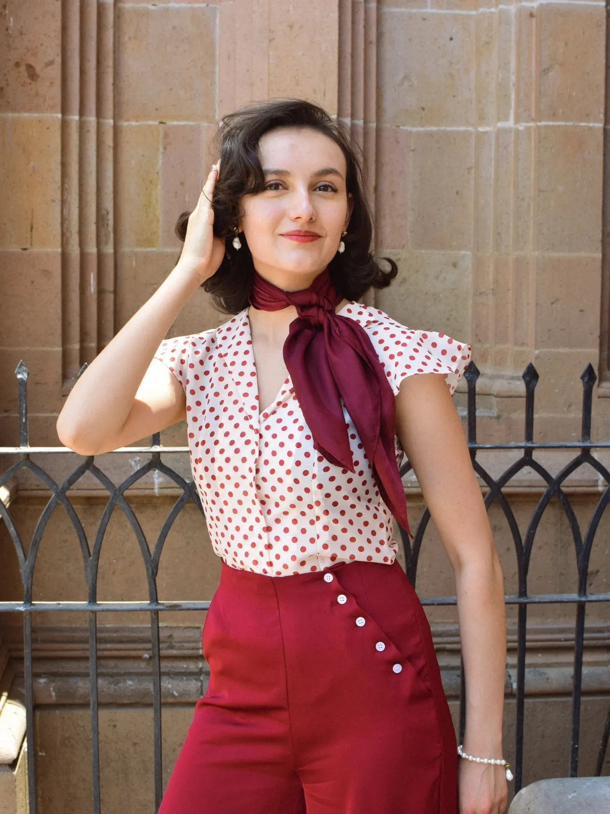 2PCS 1950s Red Polka Dot Blouse & Burgundy Pants sold by Retro Stage