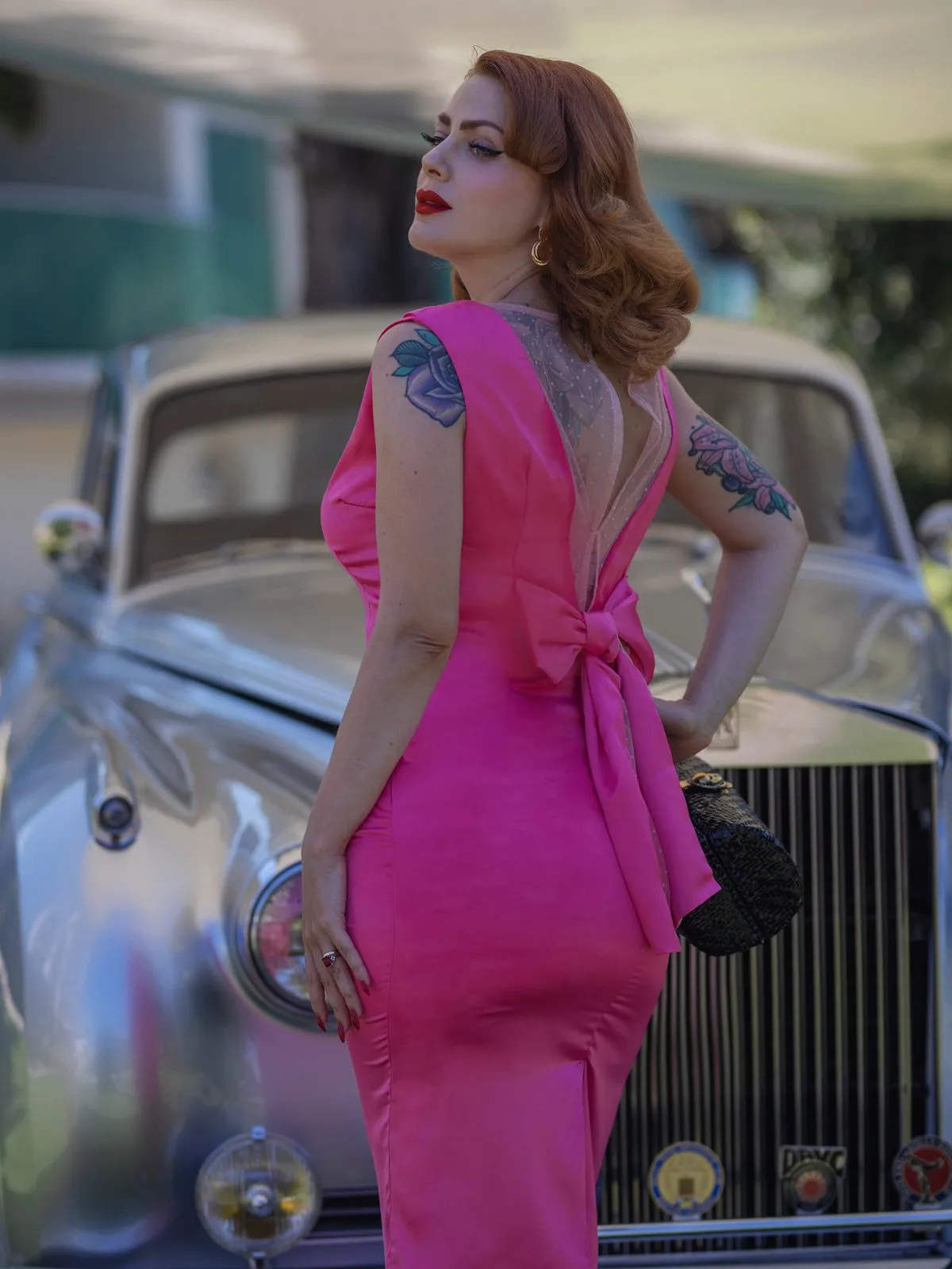 Rose Red 1960s Satin Solid Pencil Dress sold by Retro Stage