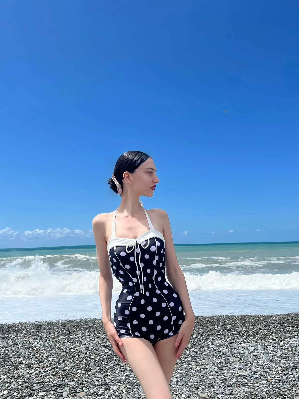 Black 1950s Polka Dots Halter Swimsuit sold by Retro Stage