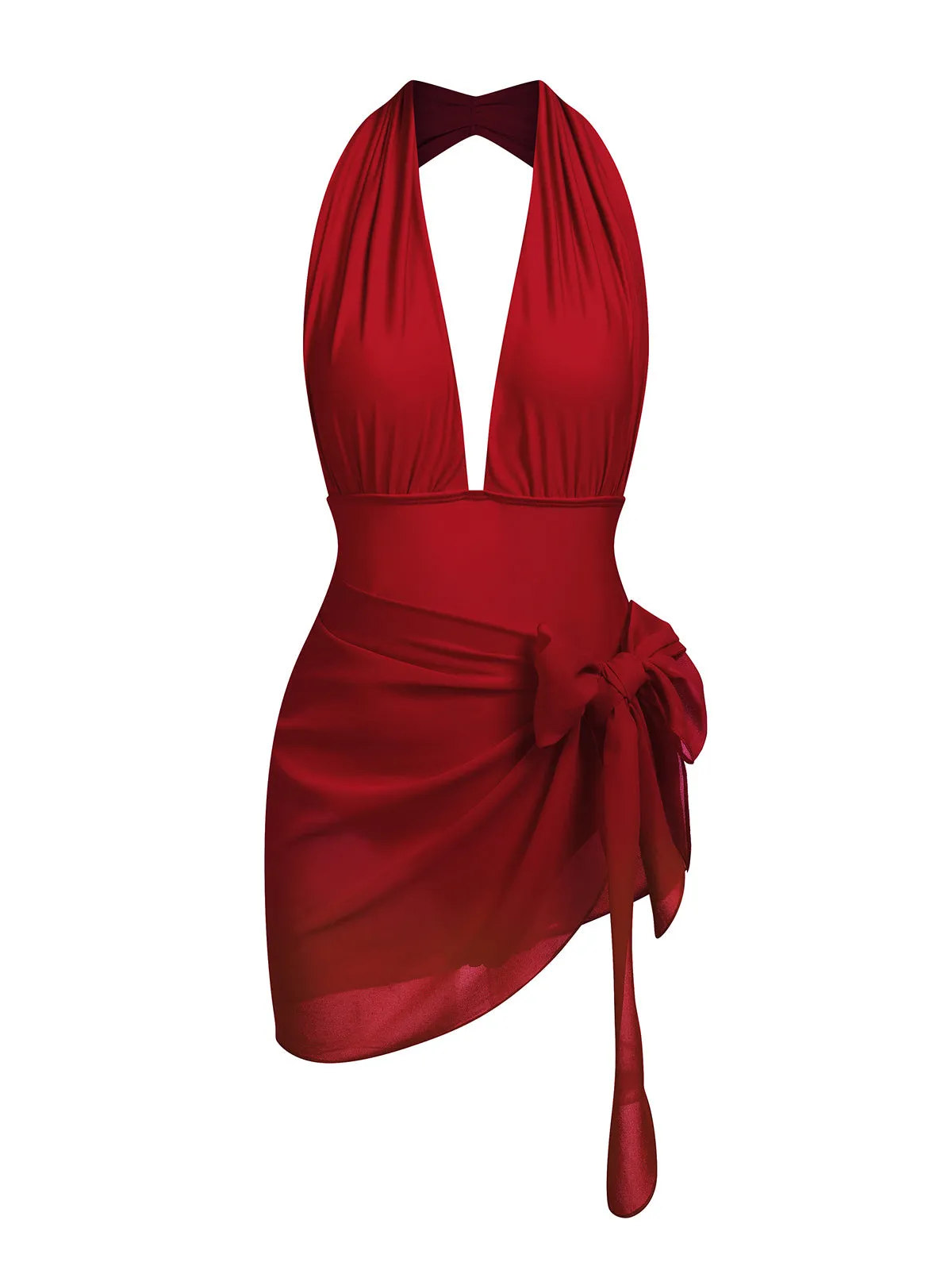 Red 1930s Retro Halter Solid One-piece Swimsuit sold by Retro Stage product image thumbnail 4