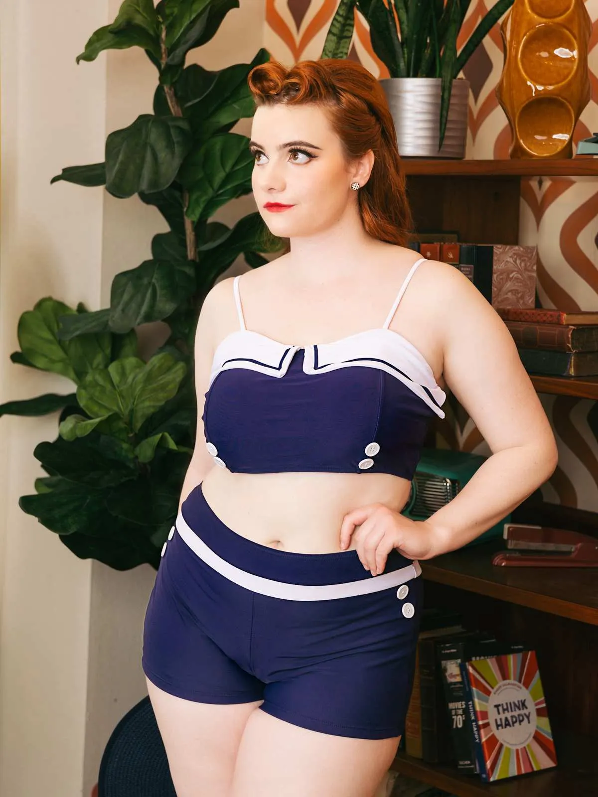 Navy Blue 1950s Spaghetti Buttons Swimsuit sold by Retro Stage product image thumbnail 2