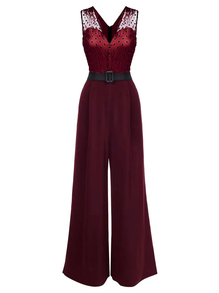 Wine Red 1930s Polka Dot Belt Jumpsuit sold by Retro Stage product image thumbnail 2