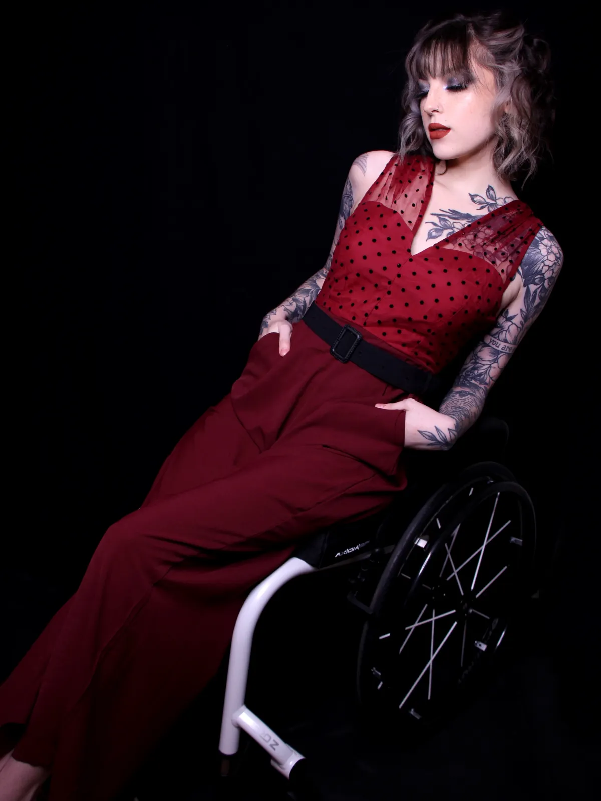 Wine Red 1930s Polka Dot Belt Jumpsuit sold by Retro Stage