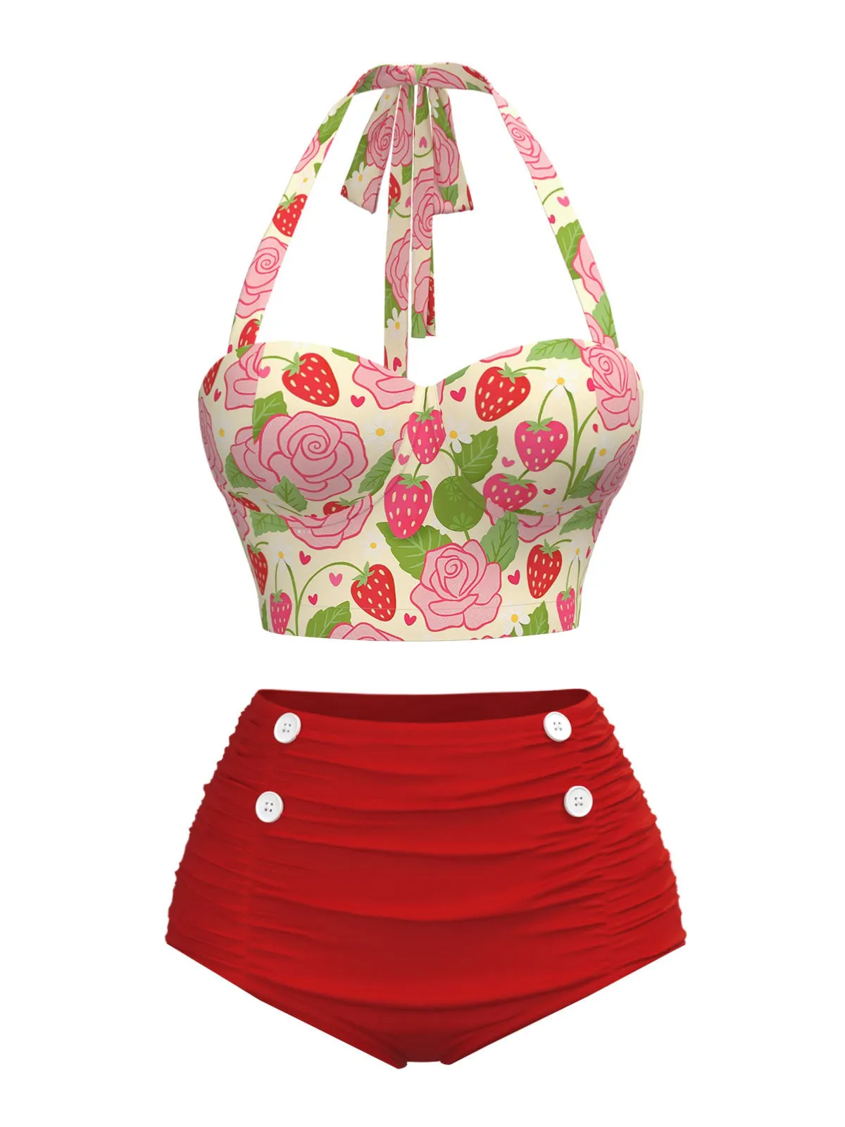 Red 1950s Rose & Strawberry Halter Swimsuit sold by Retro Stage