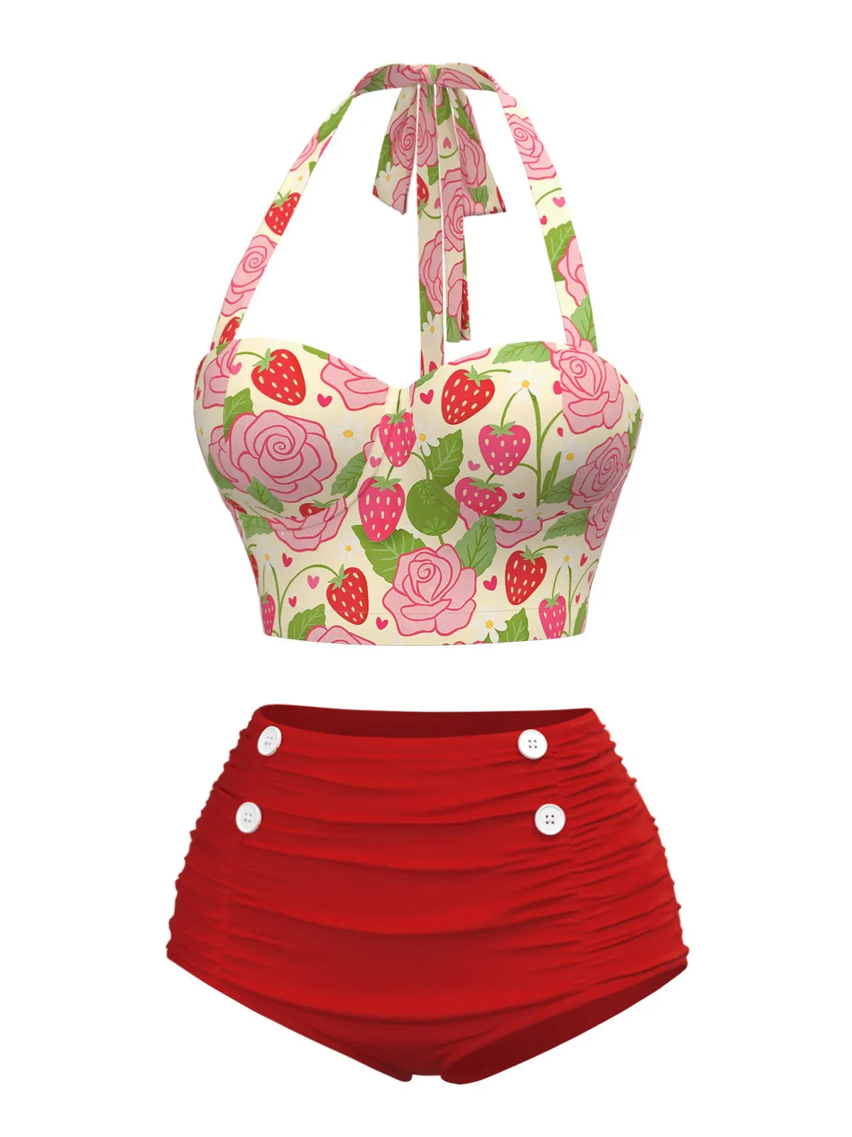 Red 1950s Rose & Strawberry Halter Swimsuit sold by Retro Stage product image thumbnail 2