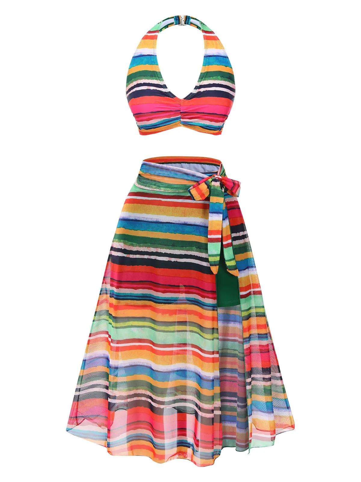 Multicolor 1970s Boho Stripes Swimsuit With Cover-Up sold by Retro Stage product image thumbnail 2