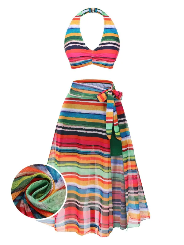 Multicolor 1970s Boho Stripes Swimsuit With Cover-Up sold by Retro Stage