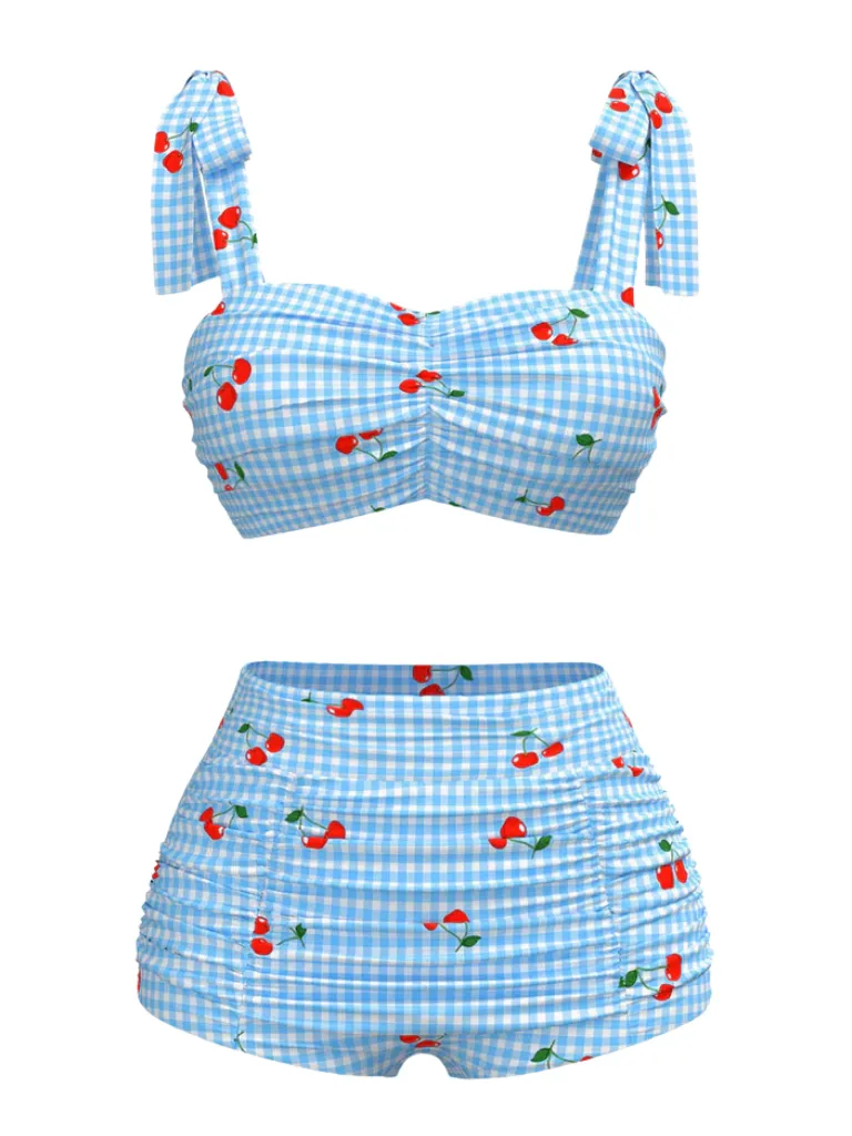 Blue 1950s Cherry Plaid Lace-up Swimsuit sold by Retro Stage